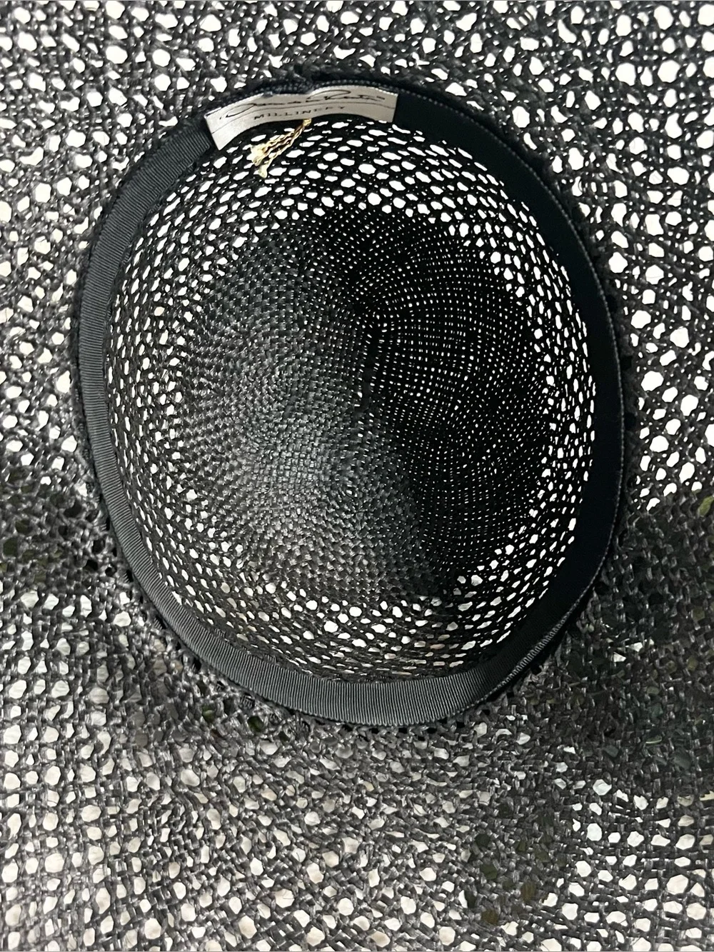 Vintage Oscar de la Renta Black Structured Straw Hat with White Rose Fascinator